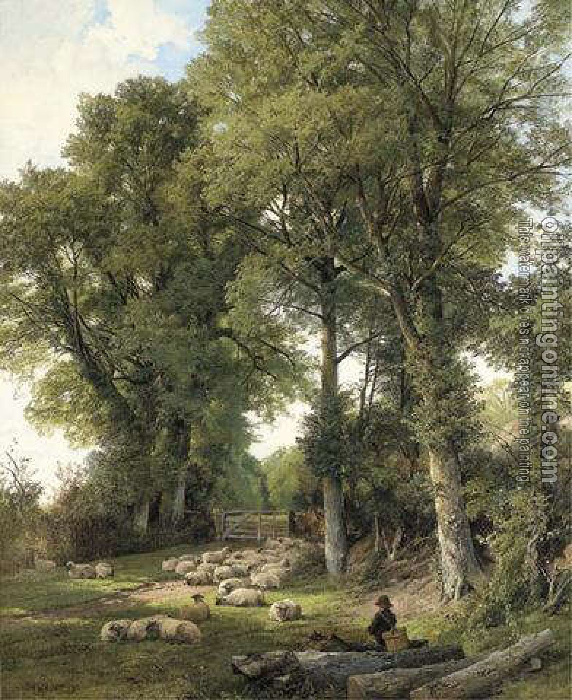 Frederick William Hulme - Sheep resting in a woodland glade, a traveller looking on